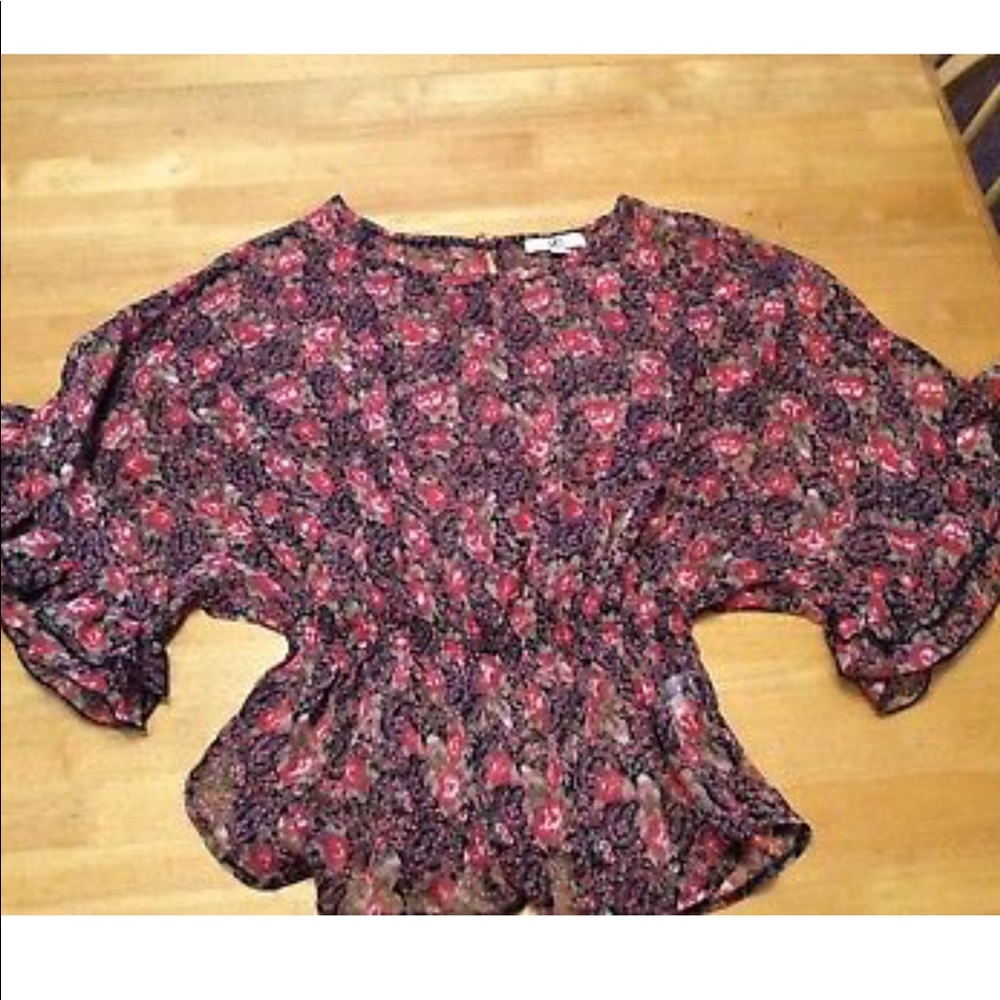 YA LOS ANGELES Black Red Floral Sheer Ruffle TOP M - Picture 7 of 11